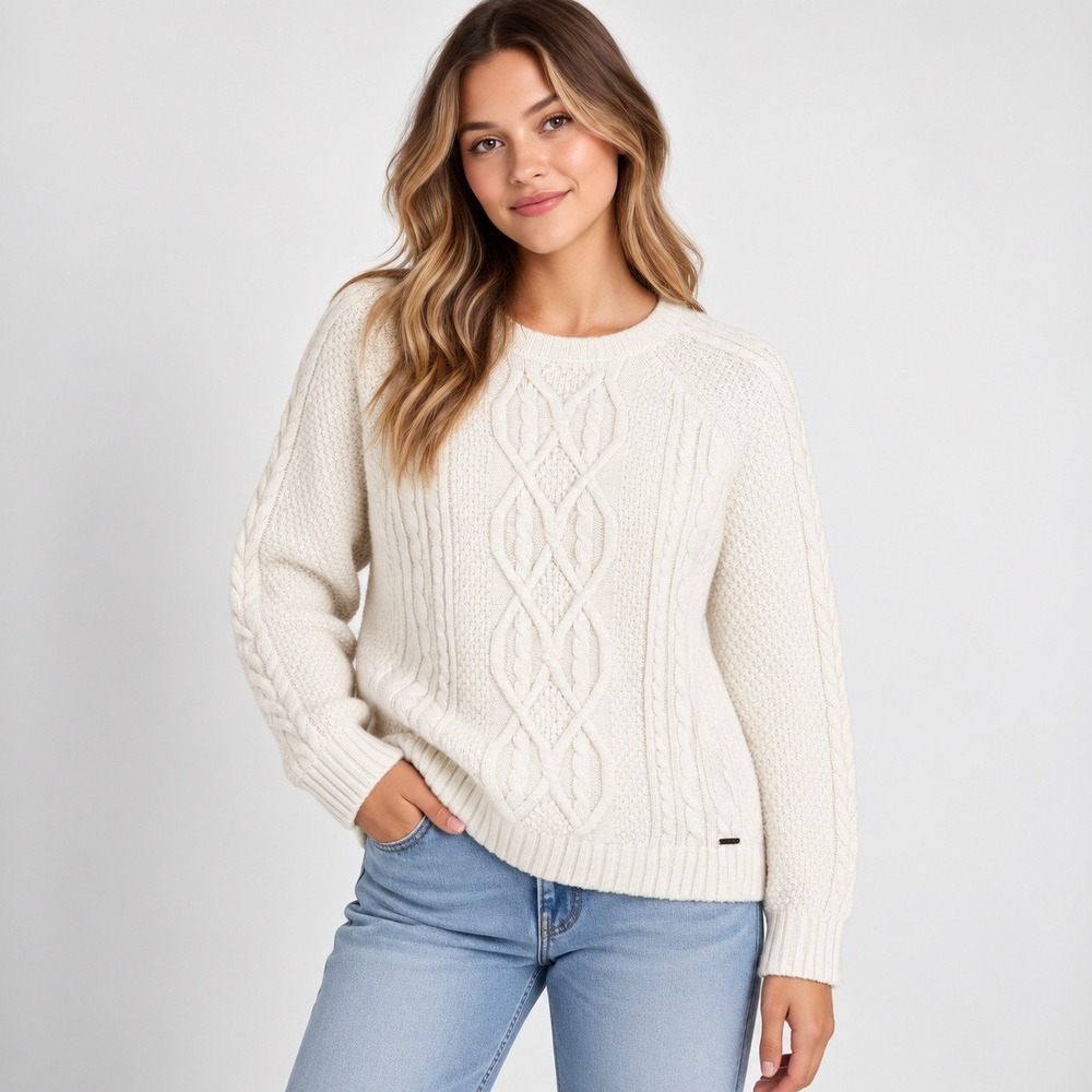 Abercrombie & Fitch Sweater Womens L White Cable Knit Raglan Crew Neck Pullover